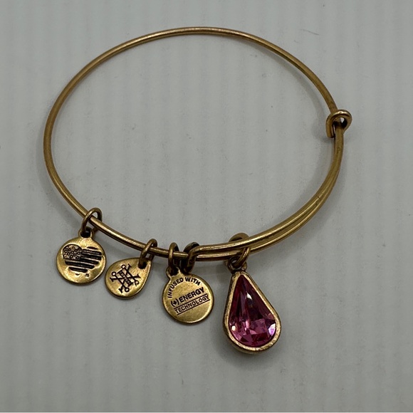 Alex And Ani Gold Bangle Bracelet With Pink Teardrop October birthstone - Picture 2 of 5